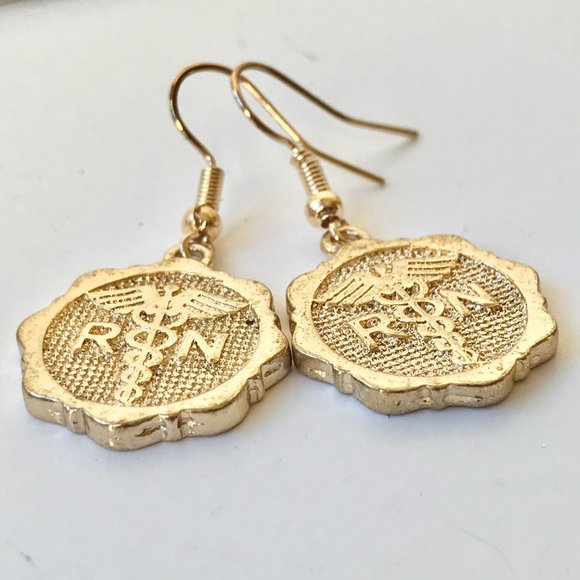 Gold Caduceus RN Nursing Earrings Nurse Graduation - Picture 3 of 7